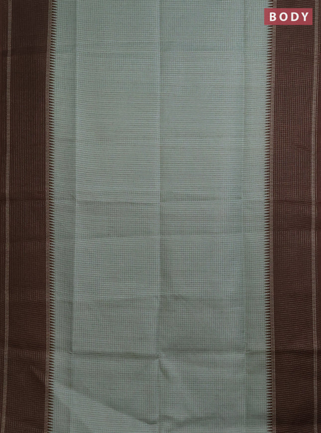 Chappa saree pastel green and brown with allover small zari checked pattern and temple design zari woven border