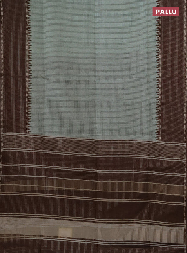 Chappa saree pastel green and brown with allover small zari checked pattern and temple design zari woven border