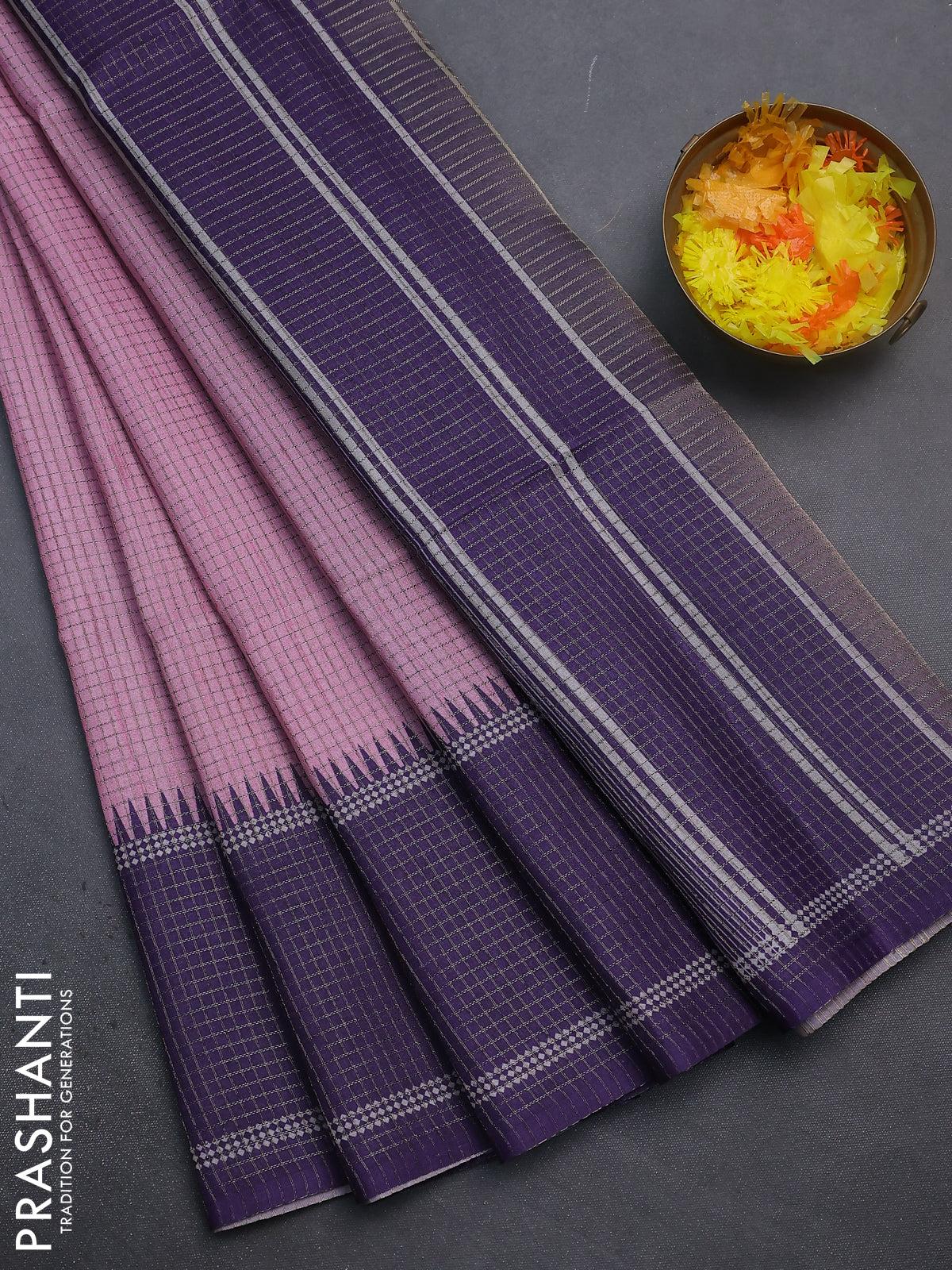 Chappa saree light pink and violet with allover small zari checked pat ...