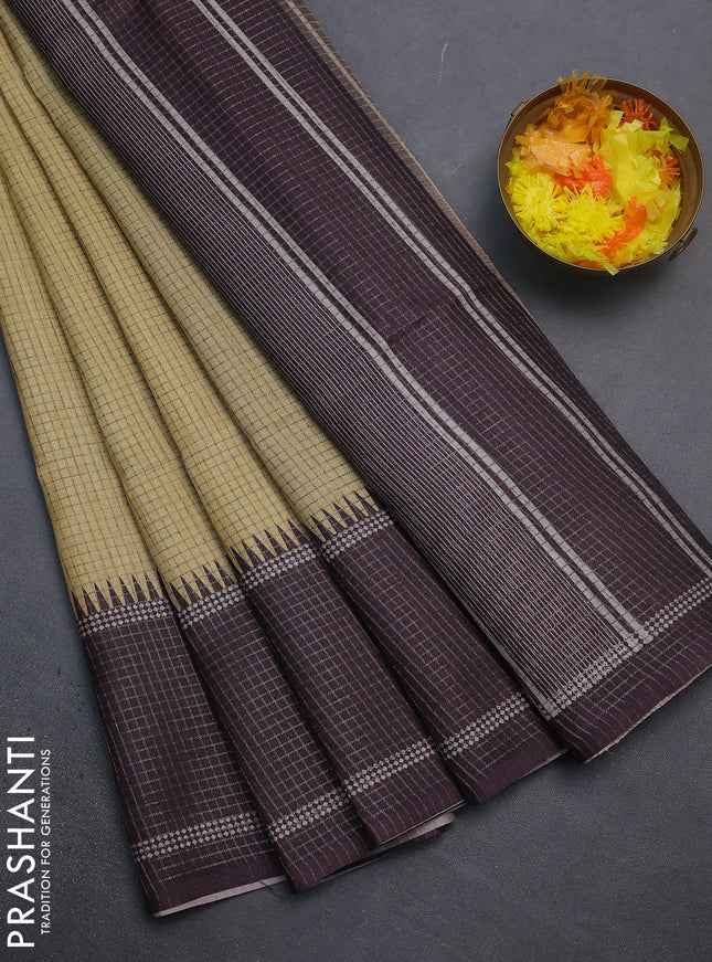 Chappa saree pale yellow and deep wine shade with allover small zari checked pattern and temple design zari woven border