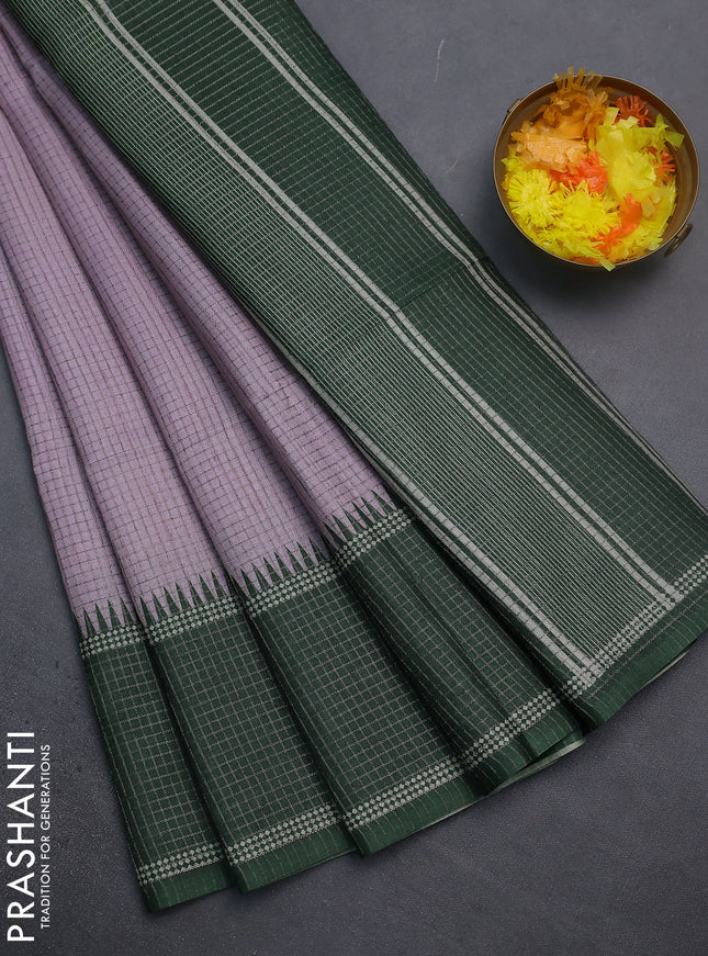 Chappa saree pastel lavender and dark green with allover small zari checked pattern and temple design zari woven border