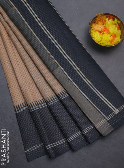 Chappa saree sandal and black with allover small zari checked pattern and temple design zari woven border