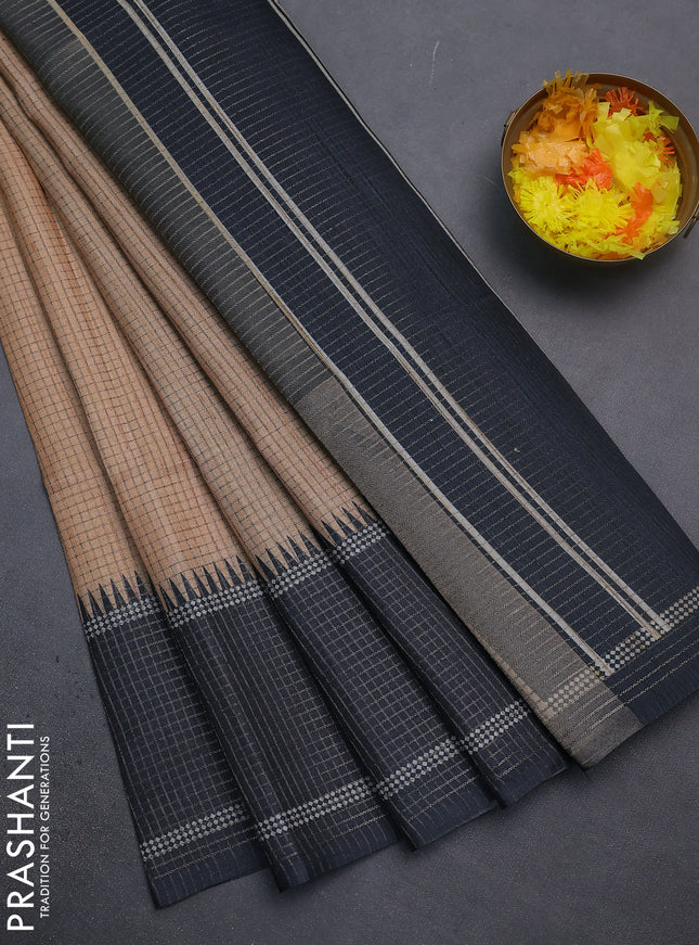 Chappa saree sandal and black with allover small zari checked pattern and temple design zari woven border