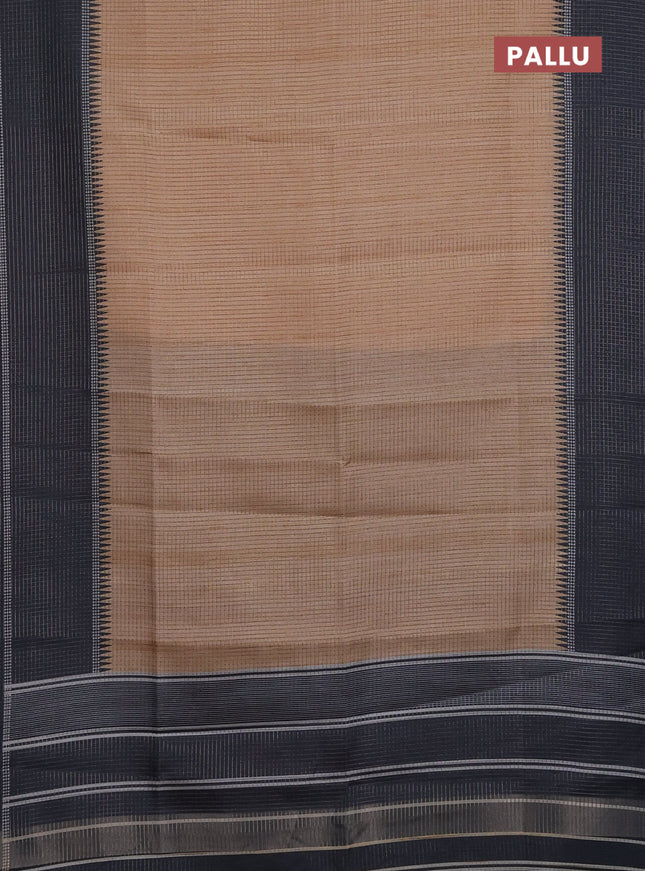 Chappa saree sandal and black with allover small zari checked pattern and temple design zari woven border