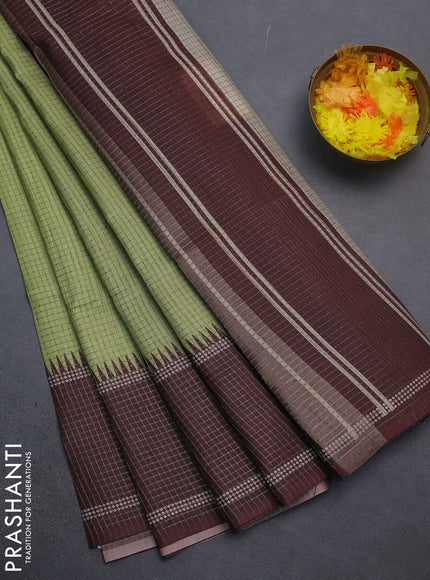Chappa saree light green and brown with allover small zari checked pattern and temple design zari woven border