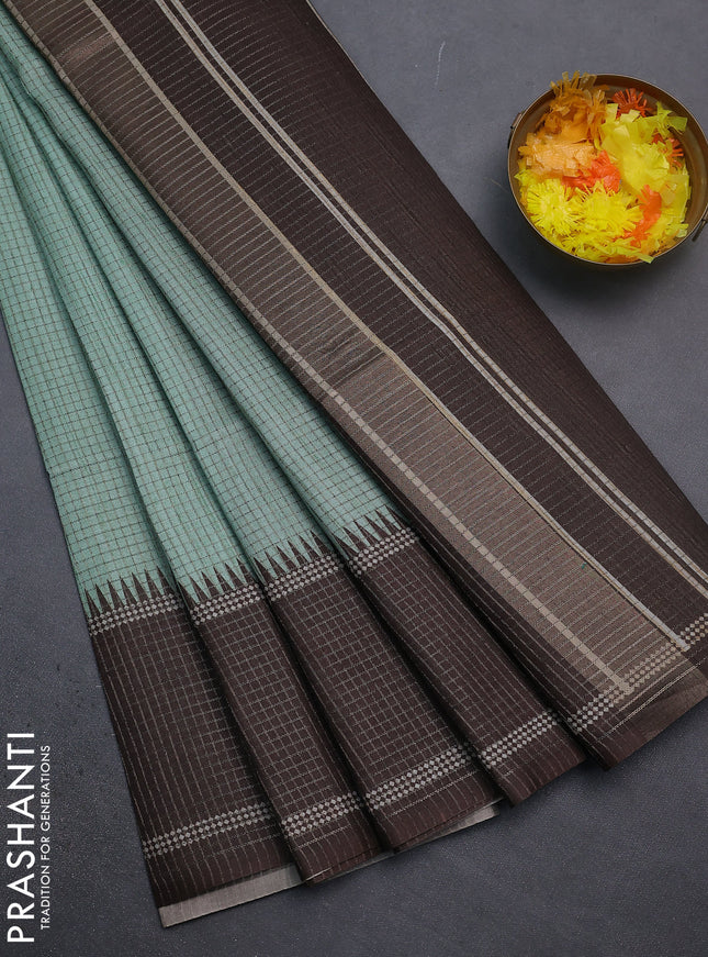 Chappa saree pastel green and brown with allover small zari checked pattern and temple design zari woven border