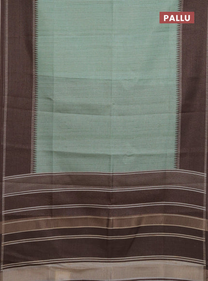 Chappa saree pastel green and brown with allover small zari checked pattern and temple design zari woven border