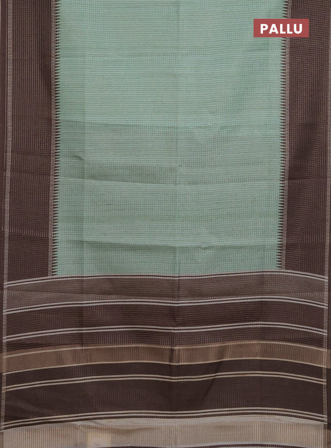 Chappa saree pastel green and brown with allover small zari checked pattern and temple design zari woven border