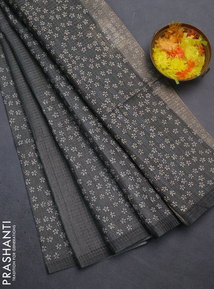 Chappa saree grey with allover small zari checked pattern and floral digital printed pallu