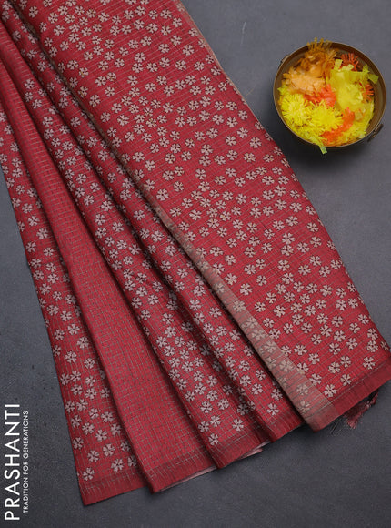Chappa saree maroon with allover small zari checked pattern and floral digital printed pallu