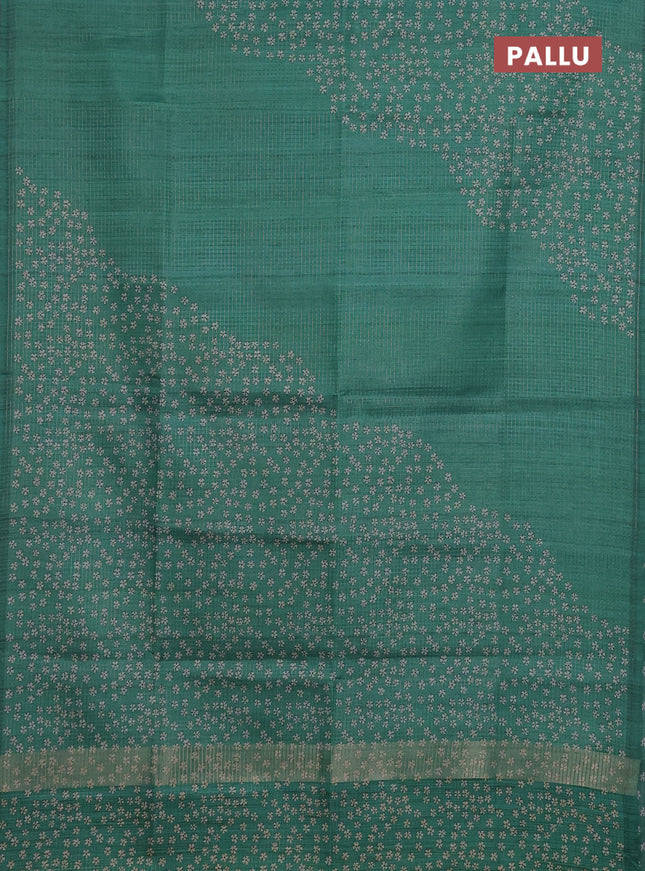 Chappa saree green with allover small zari checked pattern and floral digital printed pallu