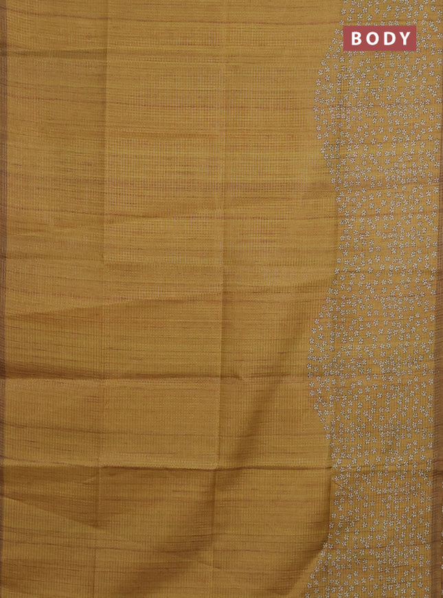 Chappa saree mustard shade with allover small zari checked pattern and floral digital printed pallu