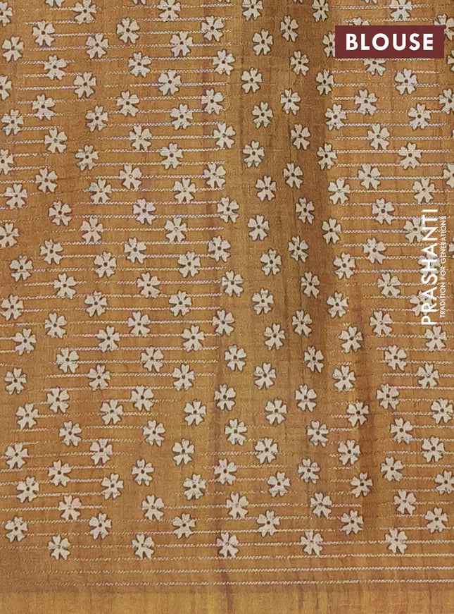 Chappa saree mustard shade with allover small zari checked pattern and floral digital printed pallu