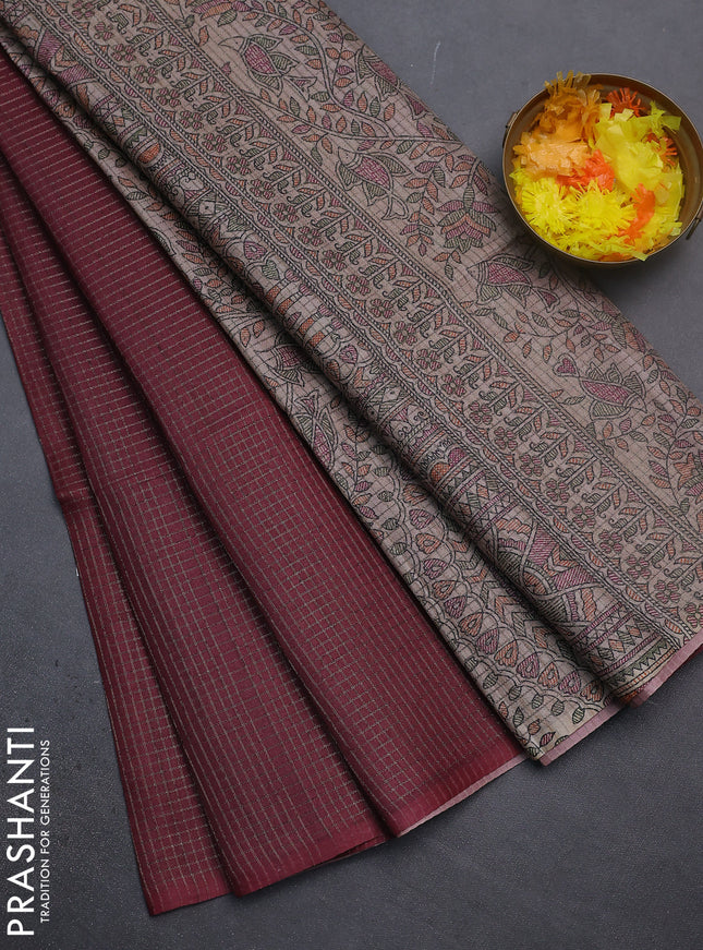 Chappa saree maroon and beige with allover small zari checked pattern and madhubani printed pallu