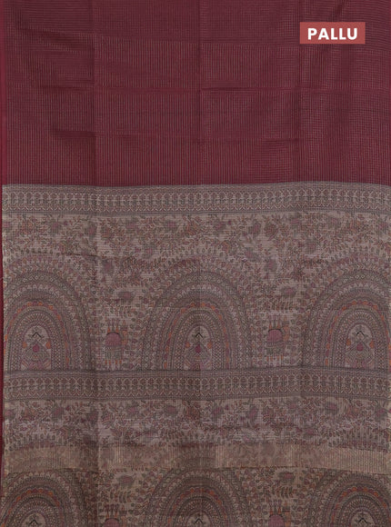 Chappa saree maroon and beige with allover small zari checked pattern and madhubani printed pallu