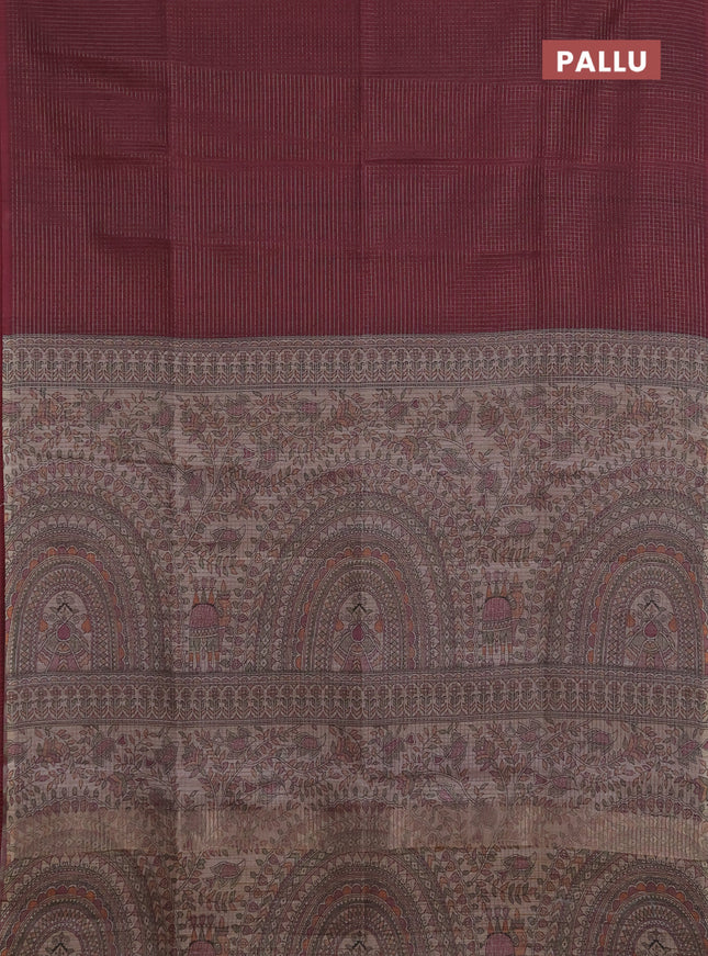 Chappa saree maroon and beige with allover small zari checked pattern and madhubani printed pallu
