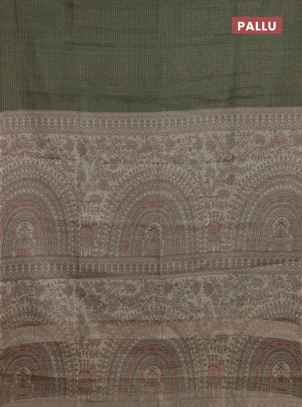 Chappa saree sap green and beige with allover small zari checked pattern and madhubani printed pallu