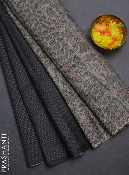 Chappa saree black and beige with allover small zari checked pattern and madhubani printed pallu