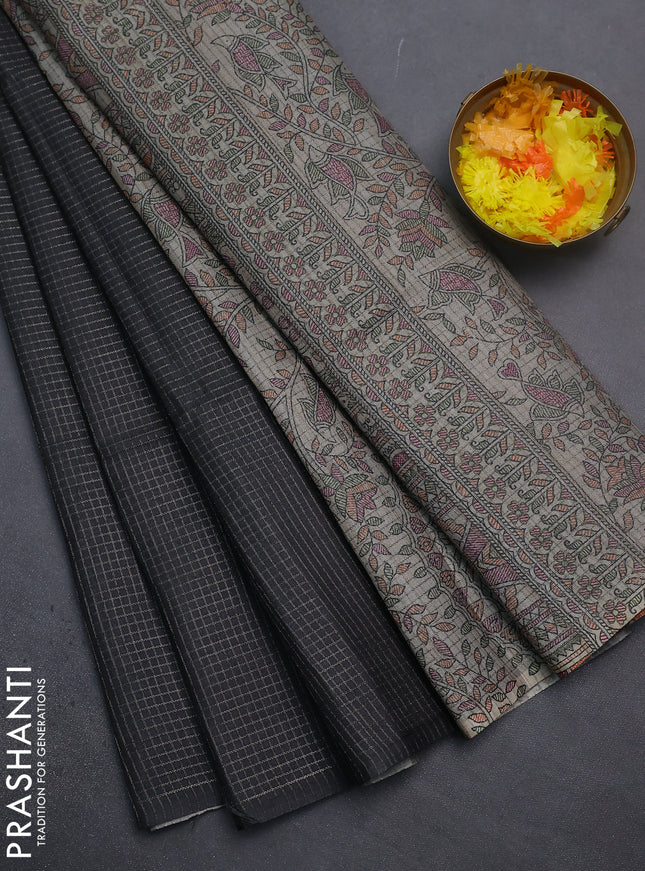 Chappa saree black and beige with allover small zari checked pattern and madhubani printed pallu