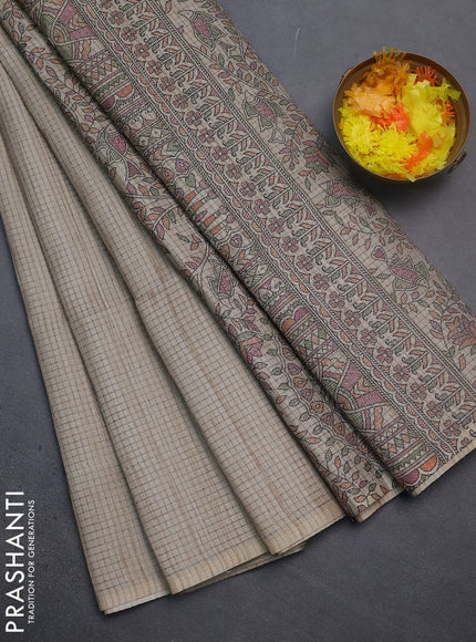 Chappa saree beige with allover small zari checked pattern and madhubani printed pallu