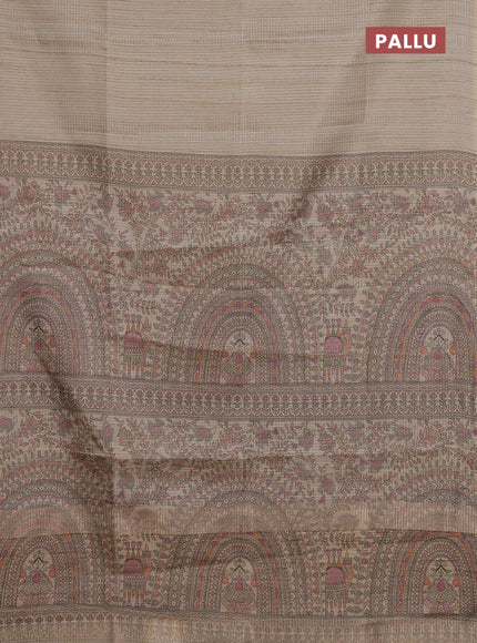 Chappa saree beige with allover small zari checked pattern and madhubani printed pallu