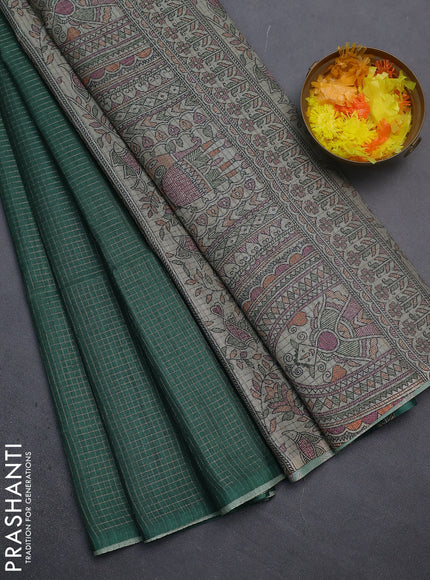 Chappa saree green and beige with allover small zari checked pattern and madhubani printed pallu