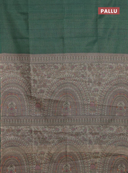 Chappa saree green and beige with allover small zari checked pattern and madhubani printed pallu