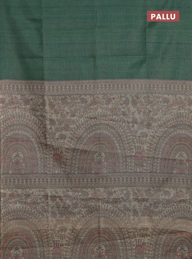 Chappa saree green and beige with allover small zari checked pattern and madhubani printed pallu