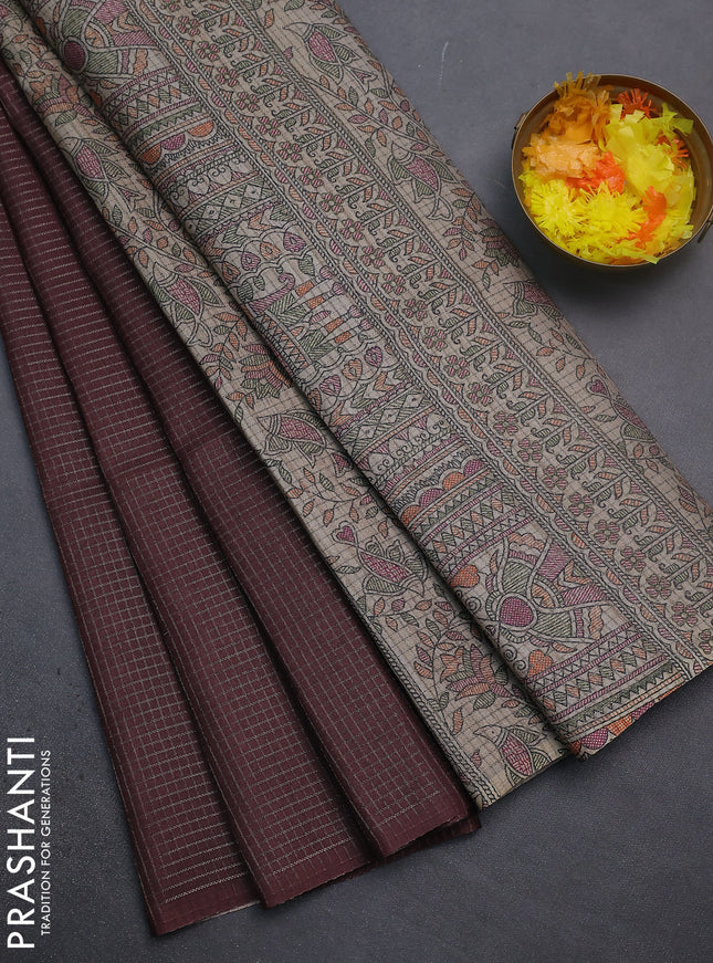 Chappa saree brown and beige with allover small zari checked pattern and madhubani printed pallu