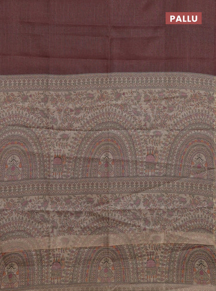 Chappa saree brown and beige with allover small zari checked pattern and madhubani printed pallu