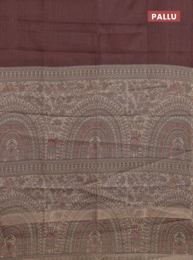 Chappa saree brown and beige with allover small zari checked pattern and madhubani printed pallu