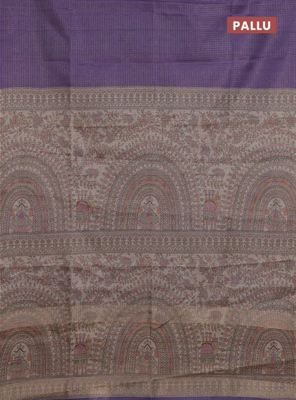 Chappa saree violet and beige with allover small zari checked pattern and madhubani printed pallu