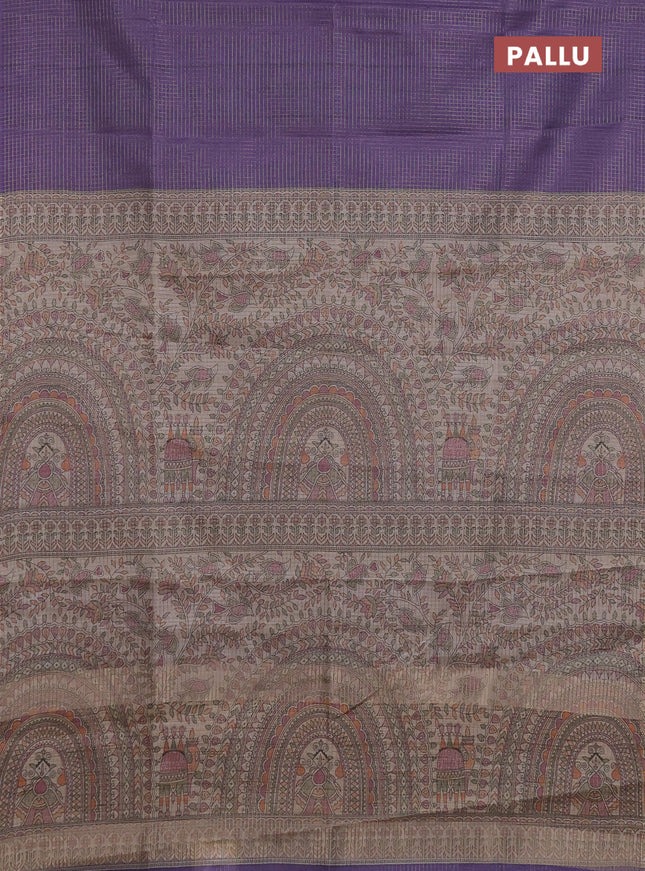 Chappa saree violet and beige with allover small zari checked pattern and madhubani printed pallu