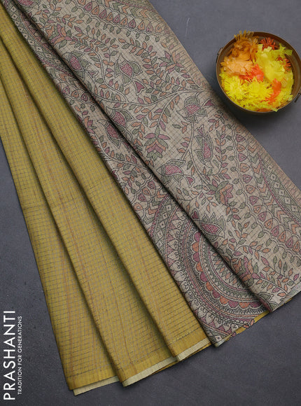 Chappa saree yellow and beige with allover small zari checked pattern and madhubani printed pallu