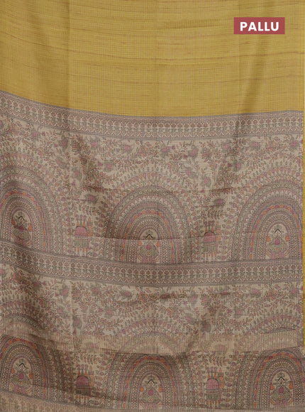 Chappa saree yellow and beige with allover small zari checked pattern and madhubani printed pallu