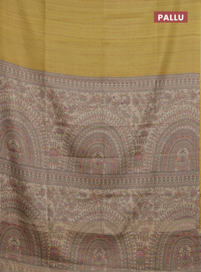 Chappa saree yellow and beige with allover small zari checked pattern and madhubani printed pallu