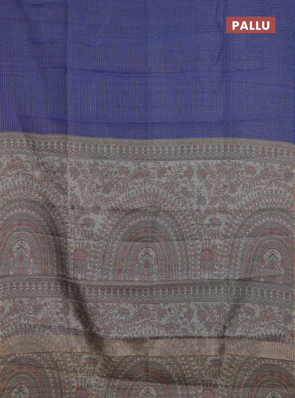 Chappa saree blue and beige with allover small zari checked pattern and madhubani printed pallu