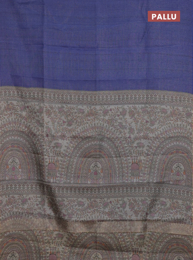 Chappa saree blue and beige with allover small zari checked pattern and madhubani printed pallu