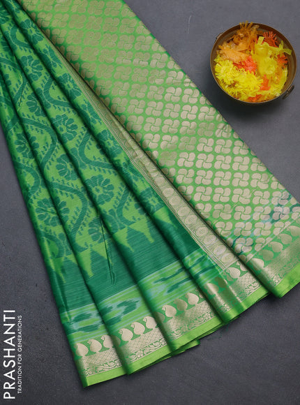 Bangalori semi silk saree light green with allover ikat weaves and zari woven border
