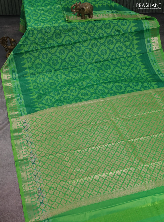 Bangalori semi silk saree light green with allover ikat weaves and zari woven border
