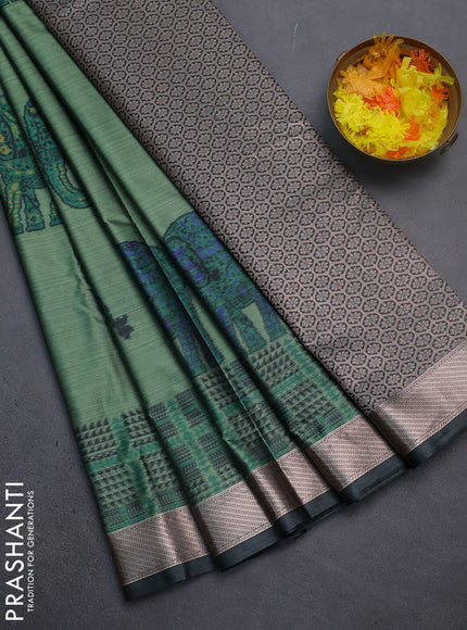 Bangalori semi silk saree green and dark peacock green with allover elephant ikat butta weaves and zari woven border