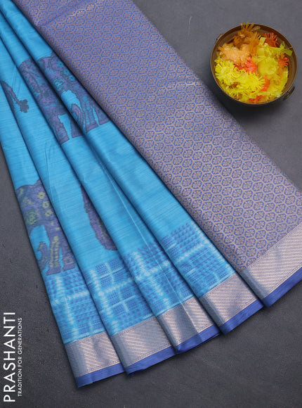 Bangalori semi silk saree light blue with allover elephant ikat butta weaves and zari woven border
