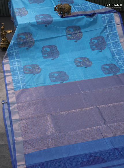 Bangalori semi silk saree light blue with allover elephant ikat butta weaves and zari woven border