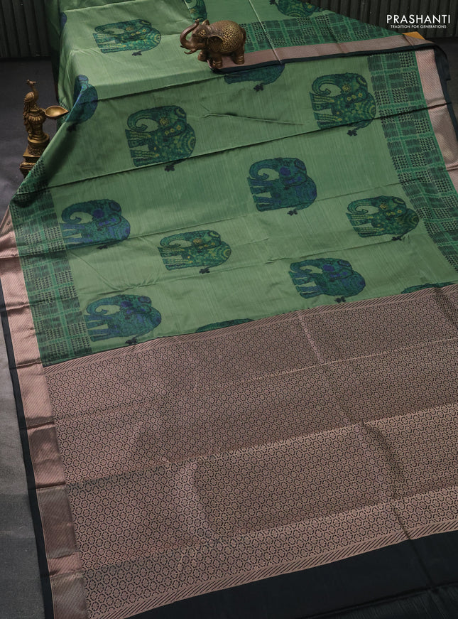 Bangalori semi silk saree green and dark peacock green with allover elephant ikat butta weaves and zari woven border