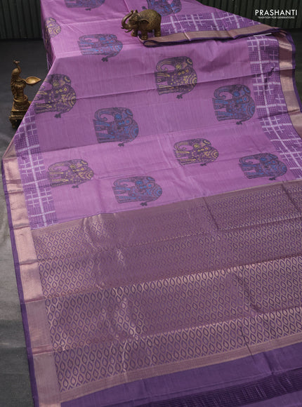 Bangalori semi silk saree mild purple and purple with allover elephant ikat butta weaves and zari woven border