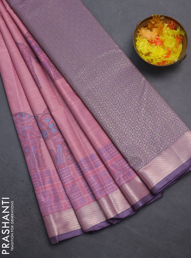 Bangalori semi silk saree pastel peach pink and violet shade with allover elephant ikat butta weaves and zari woven border