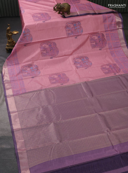 Bangalori semi silk saree pastel peach pink and violet shade with allover elephant ikat butta weaves and zari woven border