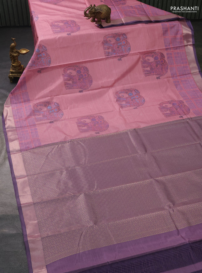 Bangalori semi silk saree pastel peach pink and violet shade with allover elephant ikat butta weaves and zari woven border
