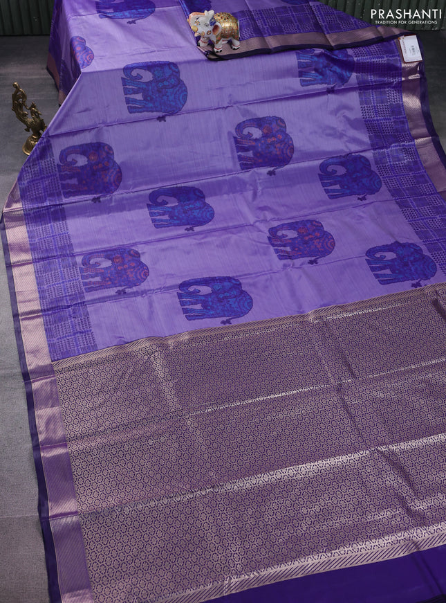 Bangalori semi silk saree lavender and violet shade with allover elephant ikat butta weaves and zari woven border