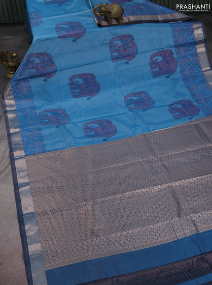 Bangalori semi silk saree teal blue with allover elephant ikat butta weaves and zari woven border